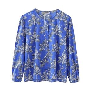 Zara Blue and White Palm Print Blouse Size M